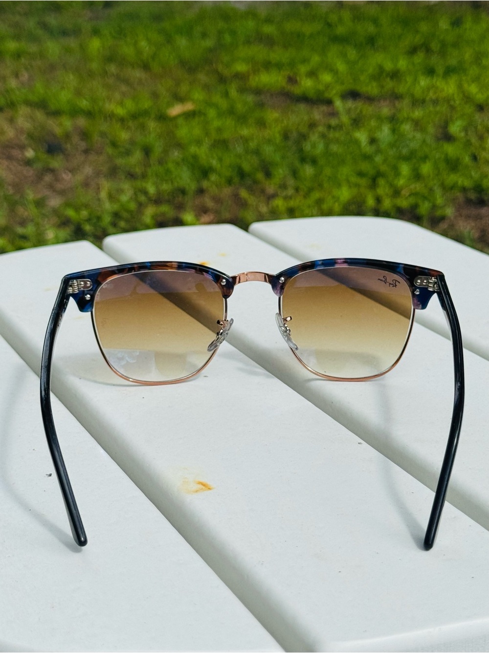 Ray-Ban Clubmaster Sunglasses - Blue Tortoise Top with Brown Gradient Lenses - Picture 2 of 8